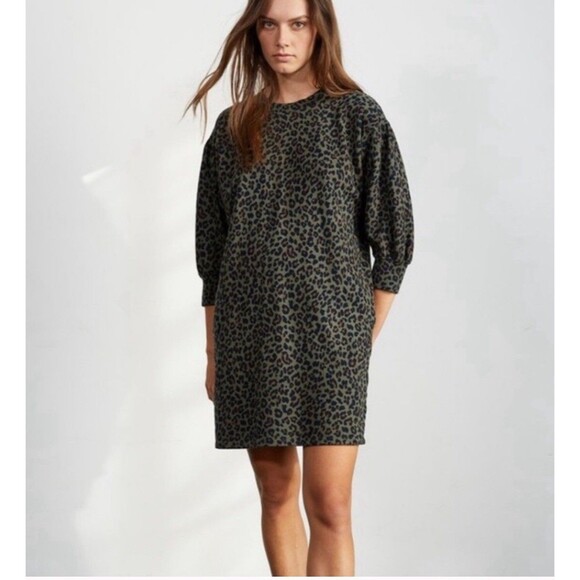 Anthropologie Velvet Graham  Spencer Sweatshirt Dress Green Leopard Print LP NWT - Picture 1 of 11